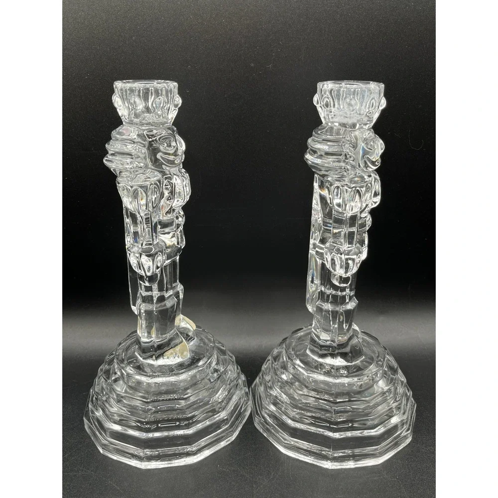 Vtg Pair Crystal Nutcracker Soldier Taper Candle Holders Lead Glass 8